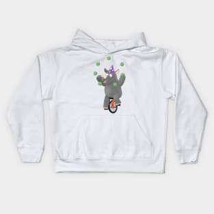 Funny cute rhino juggling on unicycle Kids Hoodie